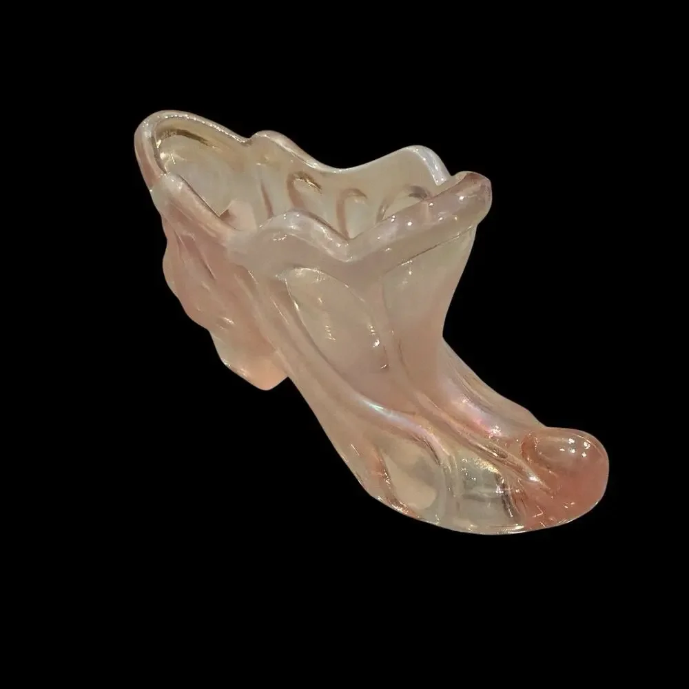 Vintage Fenton Iridescent Pale Pink Carnival Glass Slipper Shoe 5” Sticker USA